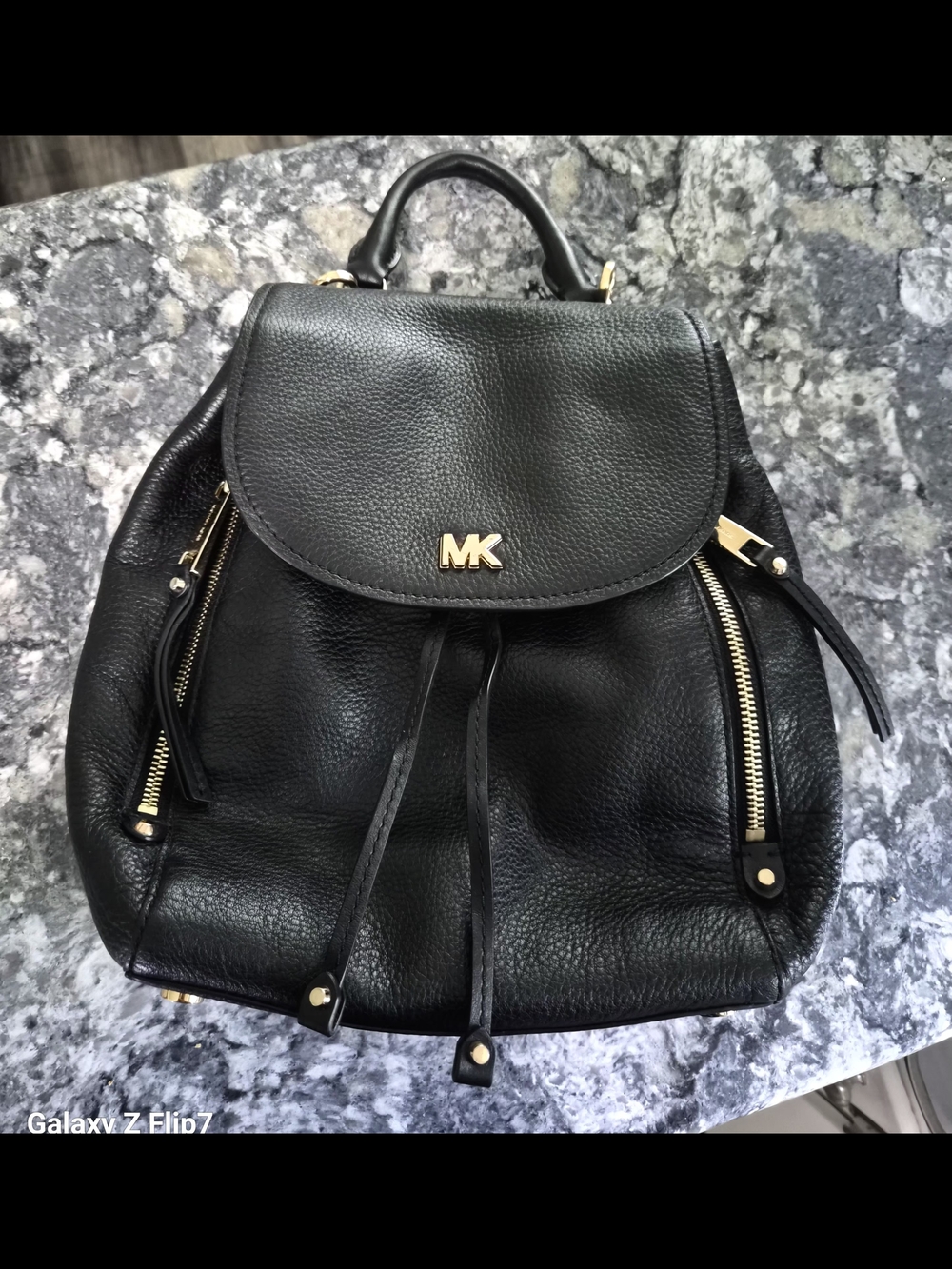 Michael Kors Black Pebbled Leather Backpack with Gold MK Logo